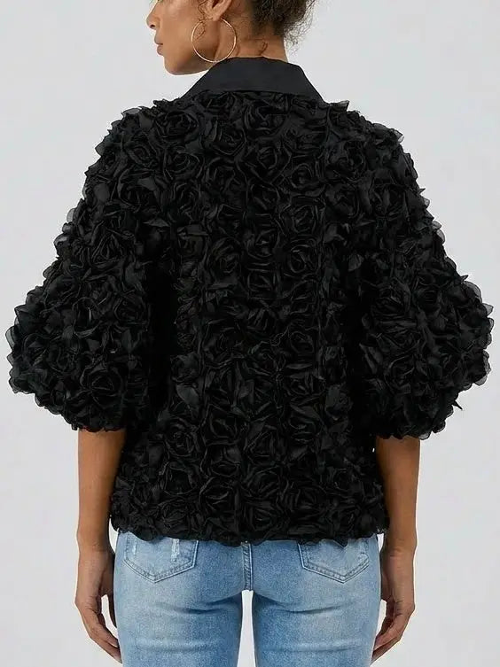 Floral Rosette Puff Sleeve Blouse - Tops