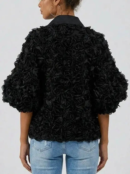 Floral Rosette Puff Sleeve Blouse - Tops