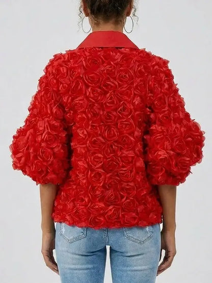 Floral Rosette Puff Sleeve Blouse - Tops