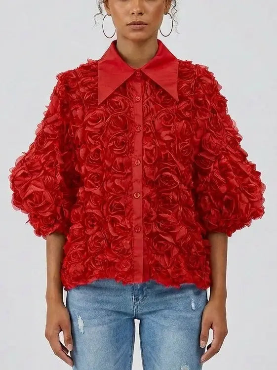 Floral Rosette Puff Sleeve Blouse - Small / Red - Tops