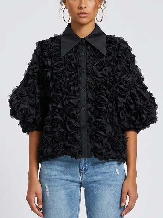 Floral Rosette Puff Sleeve Blouse - Tops