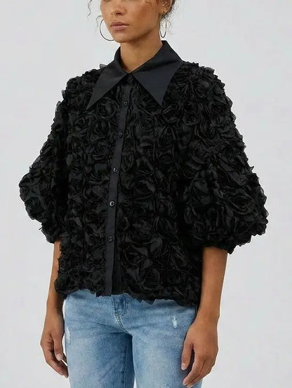 Floral Rosette Puff Sleeve Blouse - Tops