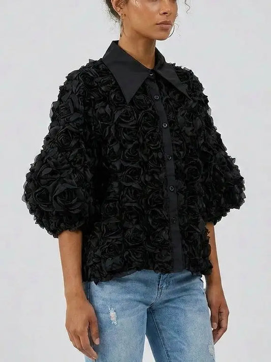 Floral Rosette Puff Sleeve Blouse - Tops