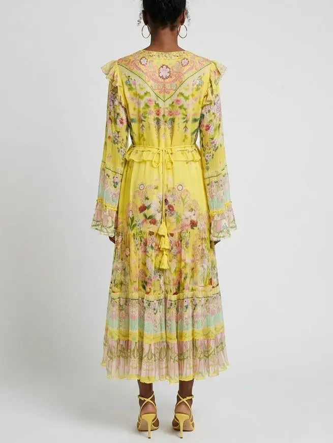 Floral Ruffle-Trim Silk Plunge Midi Dress - Dresses