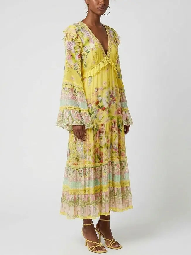 Floral Ruffle-Trim Silk Plunge Midi Dress - Dresses