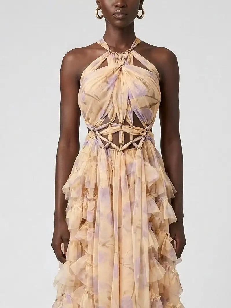 Floral Ruffle Halter Maxi Dress with Cutout Waist - Dresses