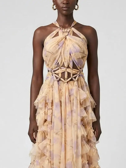 Floral Ruffle Halter Maxi Dress with Cutout Waist - Dresses