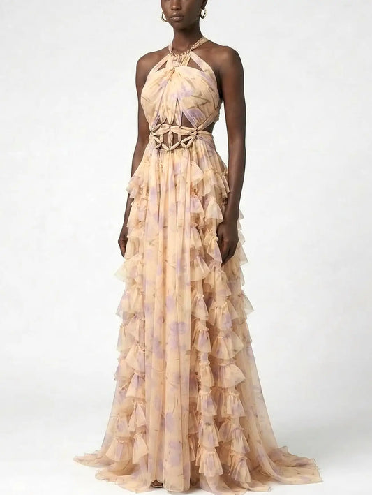 Floral Ruffle Halter Maxi Dress with Cutout Waist - Dresses