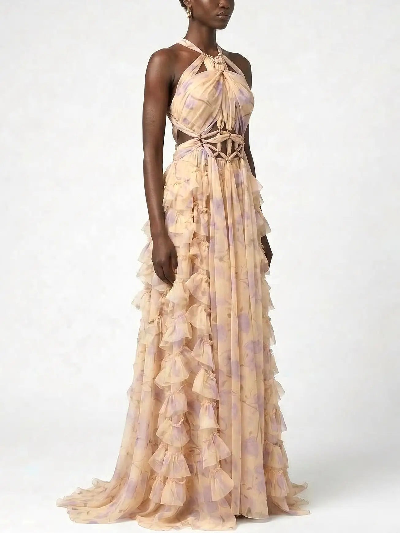 Floral Ruffle Halter Maxi Dress with Cutout Waist - Dresses