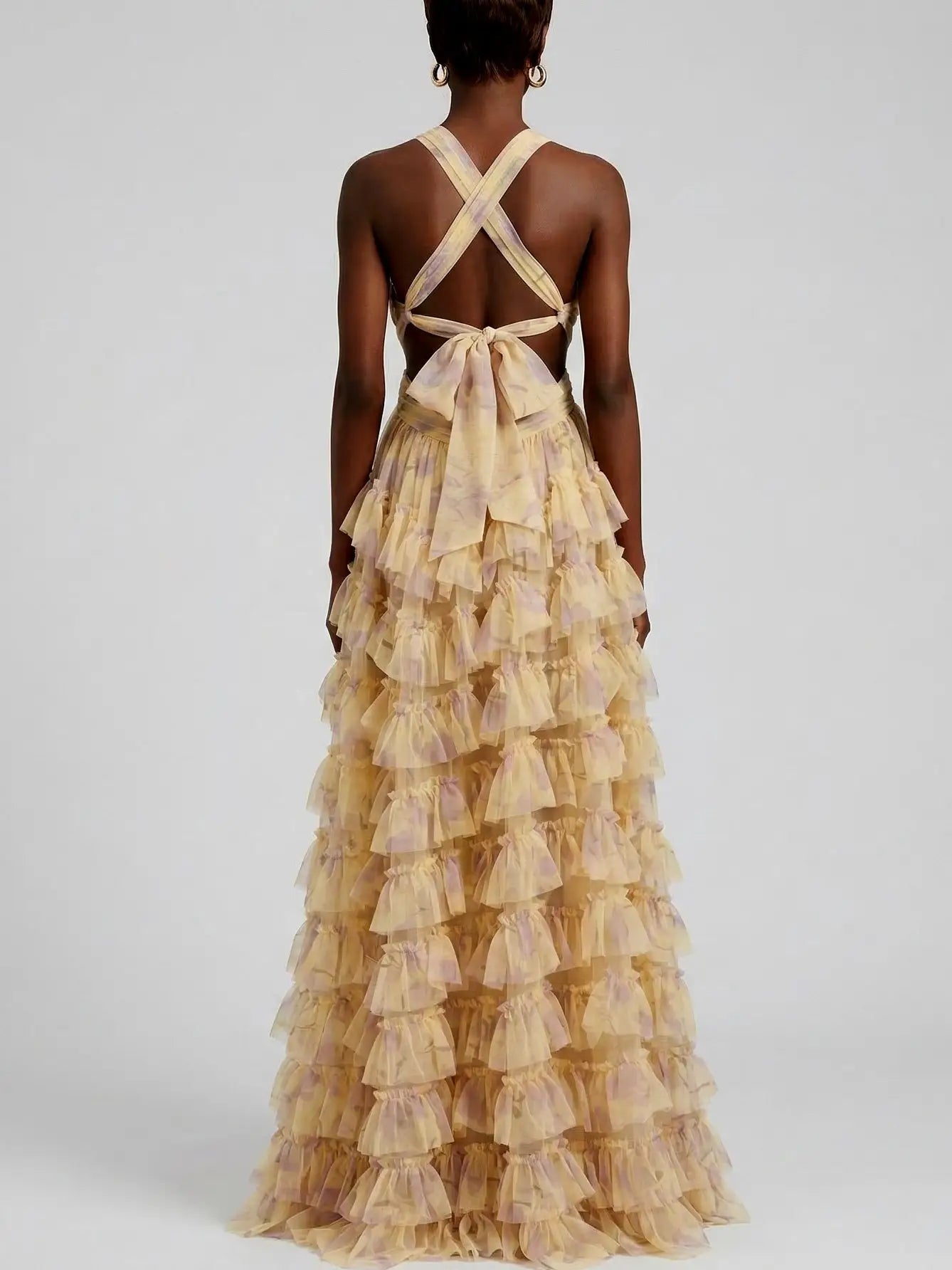 Floral Ruffle Halter Maxi Dress with Cutout Waist - Dresses