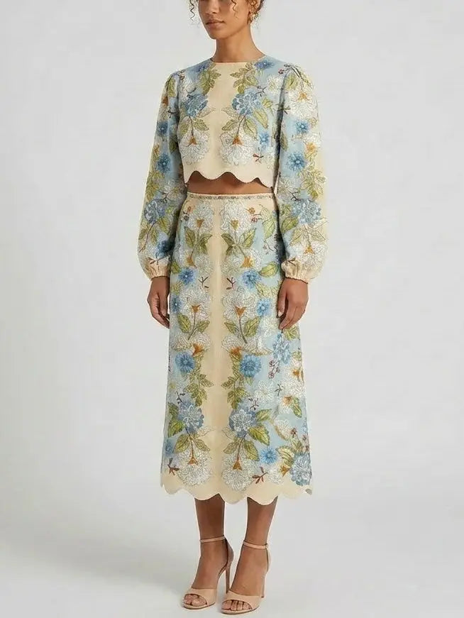 Floral Scalloped Crop Top and Midi Skirt Set - Suits & Sets