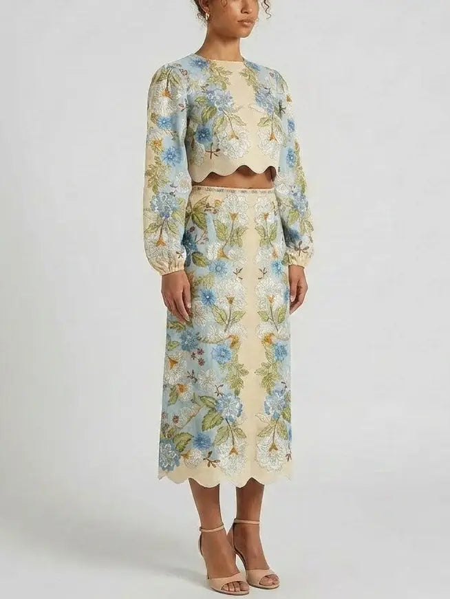 Floral Scalloped Crop Top and Midi Skirt Set - Suits & Sets