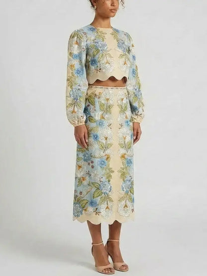 Floral Scalloped Crop Top and Midi Skirt Set - Suits & Sets