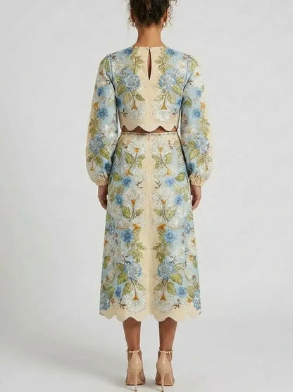 Floral Scalloped Crop Top and Midi Skirt Set - Suits & Sets