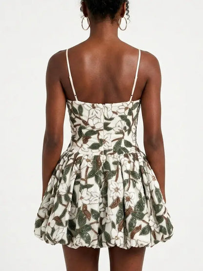 Floral Sequin Embellished Bubble Hem Mini Dress - Dresses