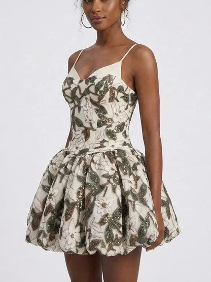 Floral Sequin Embellished Bubble Hem Mini Dress - Dresses