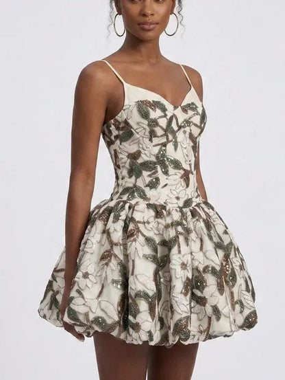 Floral Sequin Embellished Bubble Hem Mini Dress - Dresses