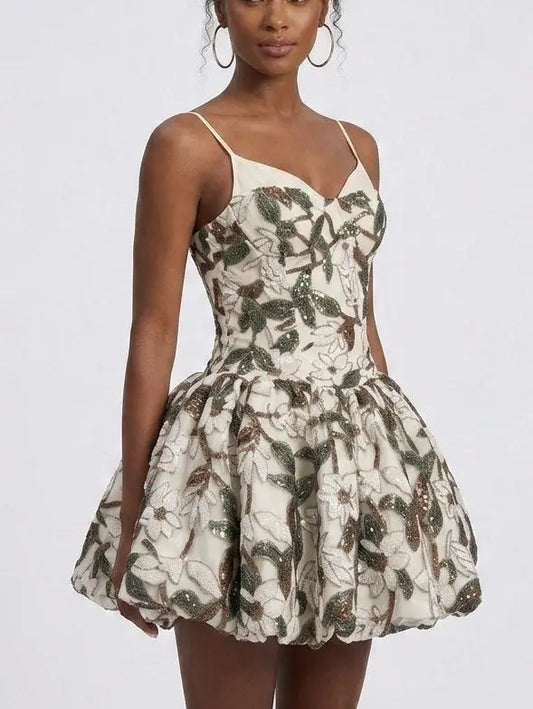 Floral Sequin Embellished Bubble Hem Mini Dress - Dresses