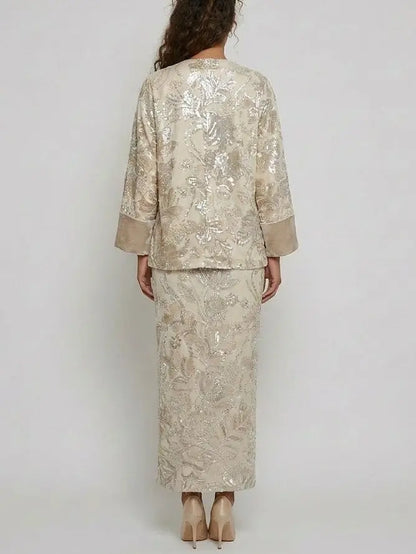 Floral Sequin Embroidered Jacket and Skirt Set - Suits & Sets