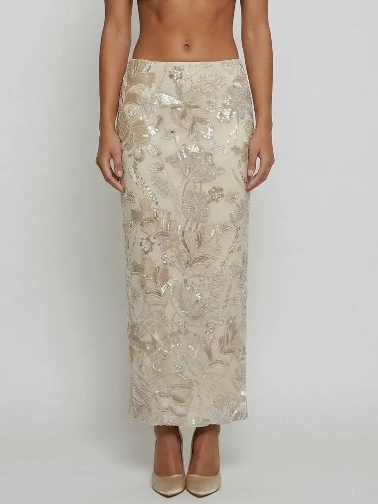 Floral Sequin Embroidered Jacket and Skirt Set - Suits & Sets
