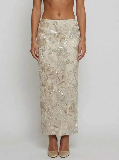 Floral Sequin Embroidered Jacket and Skirt Set - Suits & Sets