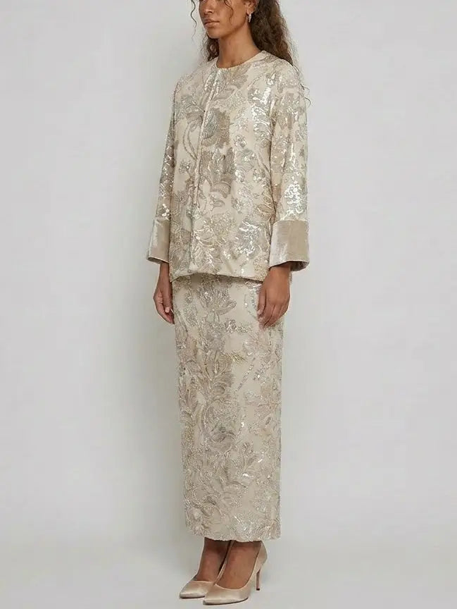 Floral Sequin Embroidered Jacket and Skirt Set - Suits & Sets