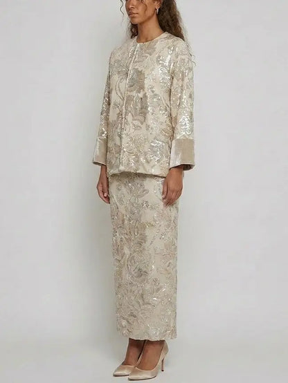 Floral Sequin Embroidered Jacket and Skirt Set - Suits & Sets