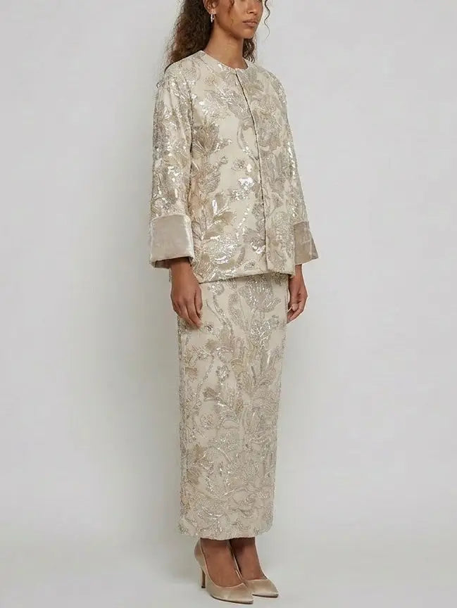 Floral Sequin Embroidered Jacket and Skirt Set - Suits & Sets