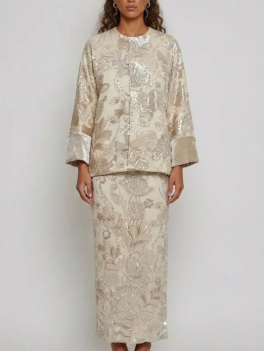 Floral Sequin Embroidered Jacket and Skirt Set - Suits & Sets