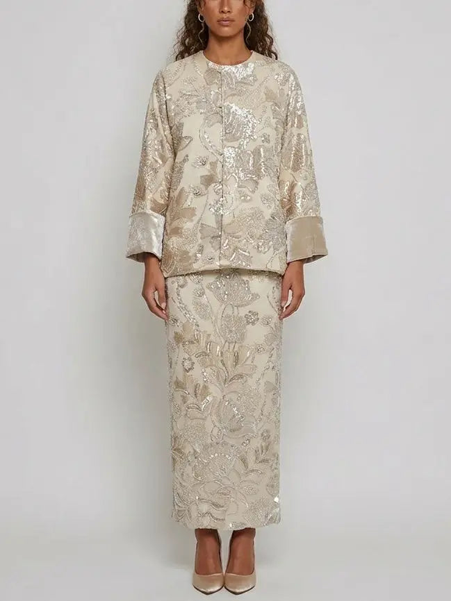 Floral Sequin Embroidered Jacket and Skirt Set - Suits & Sets