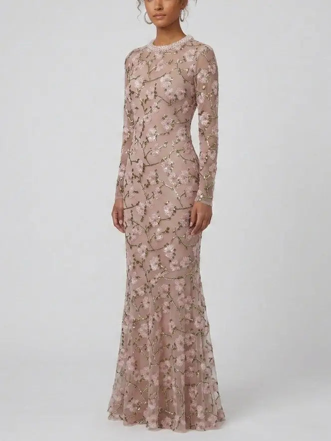 Floral Sequin Embroidered Pink Maxi Dress - Dresses