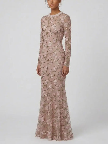 Floral Sequin Embroidered Pink Maxi Dress - Dresses