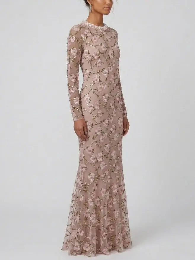 Floral Sequin Embroidered Pink Maxi Dress - Dresses