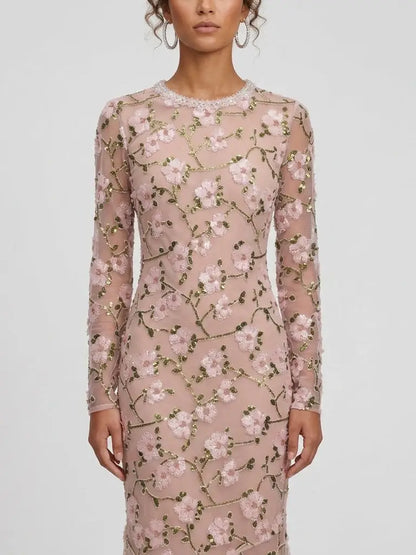 Floral Sequin Embroidered Pink Maxi Dress - Dresses