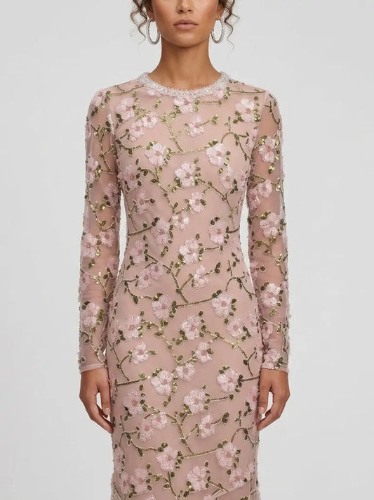 Floral Sequin Embroidered Pink Maxi Dress - Dresses