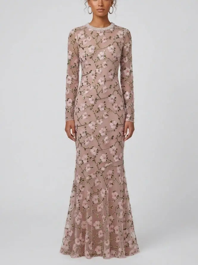 Floral Sequin Embroidered Pink Maxi Dress - Dresses