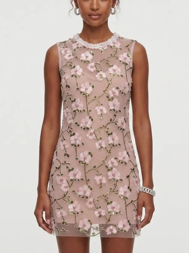 Floral Sequin Mesh Mini Dress with Beaded Collar - Dresses