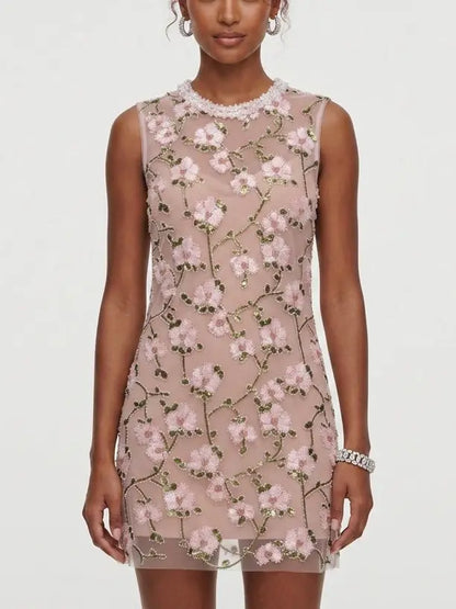 Floral Sequin Mesh Mini Dress with Beaded Collar - Dresses
