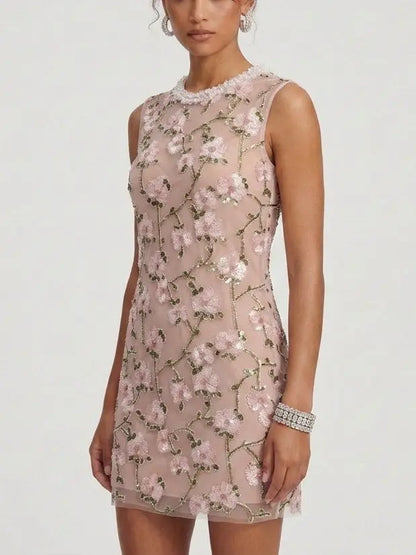 Floral Sequin Mesh Mini Dress with Beaded Collar - Dresses