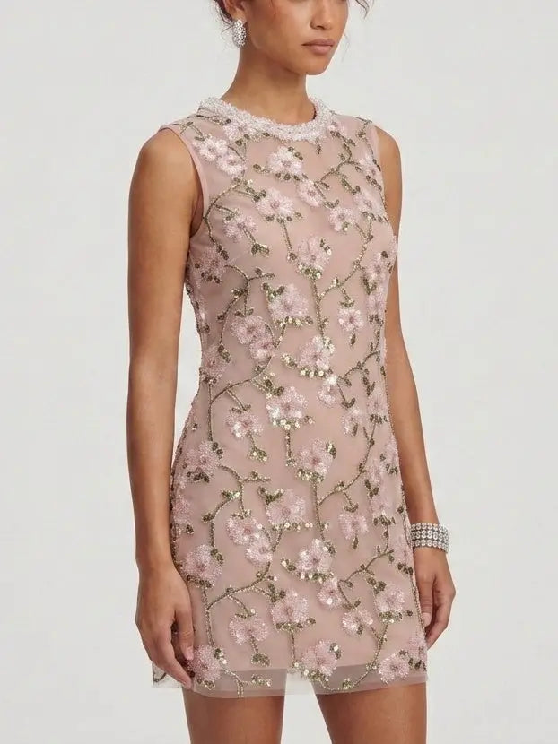 Floral Sequin Mesh Mini Dress with Beaded Collar - Dresses
