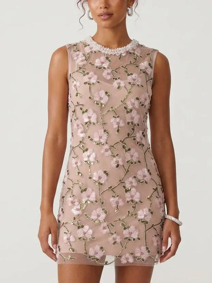 Floral Sequin Mesh Mini Dress with Beaded Collar - Dresses