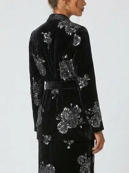 Crystal and Sequin Embellished Floral Jacket and Skirt Set - Suits & Sets