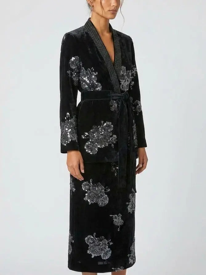 Crystal and Sequin Embellished Floral Jacket and Skirt Set - Suits & Sets