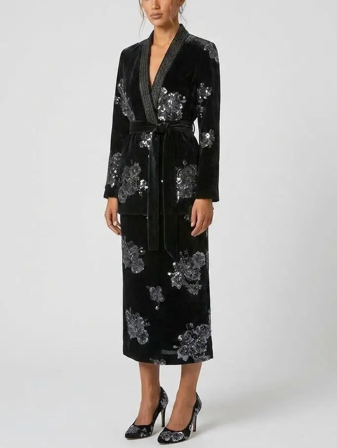 Crystal and Sequin Embellished Floral Jacket and Skirt Set - Suits & Sets