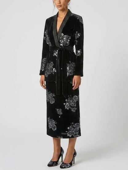 Crystal and Sequin Embellished Floral Jacket and Skirt Set - Suits & Sets