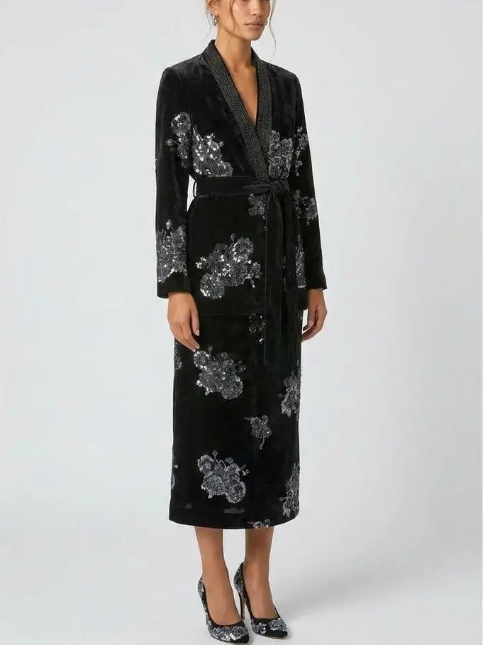 Crystal and Sequin Embellished Floral Jacket and Skirt Set - Suits & Sets