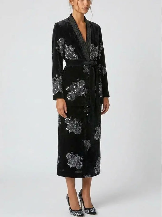 Crystal and Sequin Embellished Floral Jacket and Skirt Set - Suits & Sets