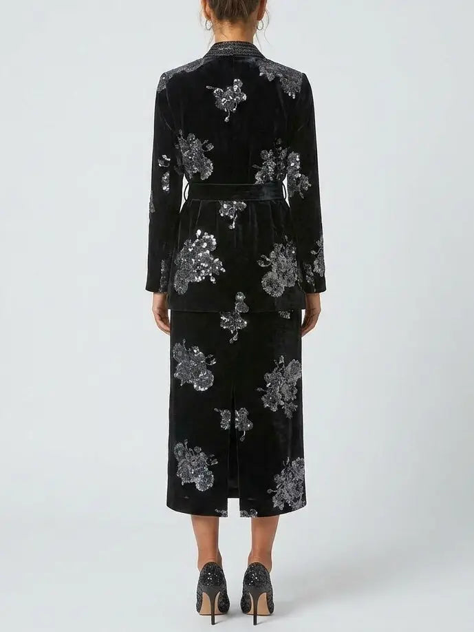 Crystal and Sequin Embellished Floral Jacket and Skirt Set - Suits & Sets