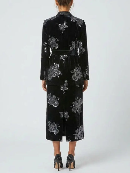 Crystal and Sequin Embellished Floral Jacket and Skirt Set - Suits & Sets