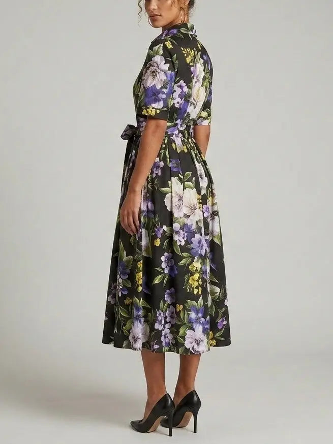 Floral Shirt Midi Dress with Belt - Dresses